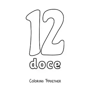 Coloring page of a number 12 flashcard to learn natural numbers