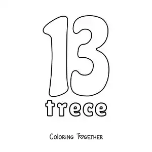 Coloring page of a number 13 flashcard to learn natural numbers