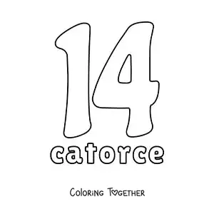 Coloring page of a number 14 flashcard to learn natural numbers
