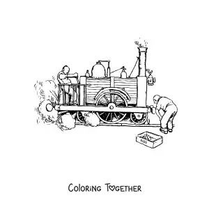 Coloring page of two men testing an old locomotive