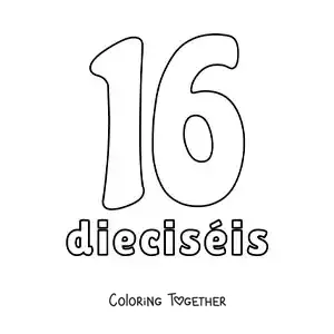 Coloring page of a number 16 flashcard to learn natural numbers