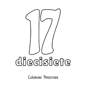 Coloring page of a number 17 flashcard to learn natural numbers