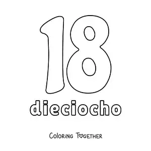 Coloring page of a number 18 flashcard to learn natural numbers
