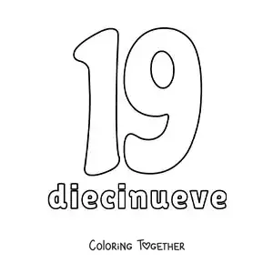 Coloring page of a number 19 flashcard to learn natural numbers