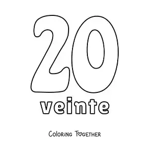 Coloring page of a number 20 flashcard to learn natural numbers