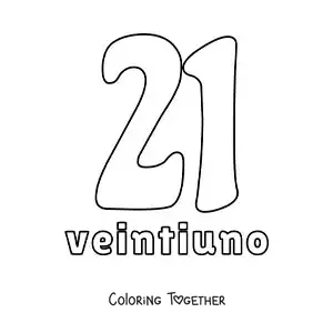 Coloring page of a number 21 flashcard to learn natural numbers
