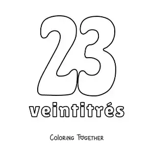 Coloring page of a number 23 flashcard to learn natural numbers