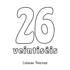 Coloring page of a number 26 flashcard to learn natural numbers