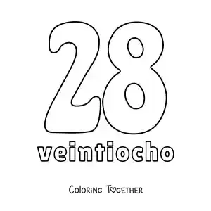Coloring page of a number 28 flashcard to learn natural numbers