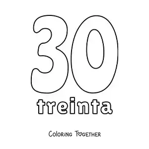Coloring page of a number 30 flashcard to learn natural numbers