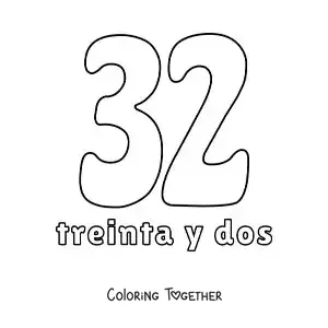 Coloring page of a number 32 flashcard to learn natural numbers