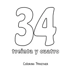 Coloring page of a number 34 flashcard to learn natural numbers