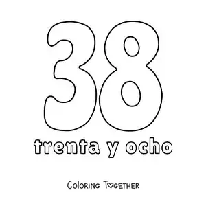 Coloring page of a number 38 flashcard to learn natural numbers