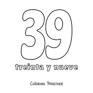 Coloring page of a number 39 flashcard to learn natural numbers