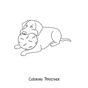Coloring page of a Labrador lying down and biting a ball