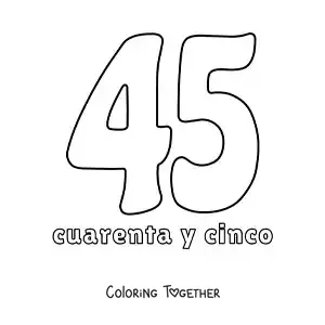 Coloring page of a number 45 flashcard to learn natural numbers