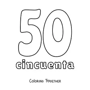 Coloring page of a number 50 flashcard to learn natural numbers