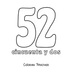Coloring page of a number 52 flashcard to learn natural numbers