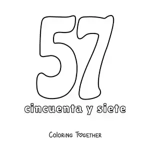 Coloring page of a number 57 flashcard to learn natural numbers