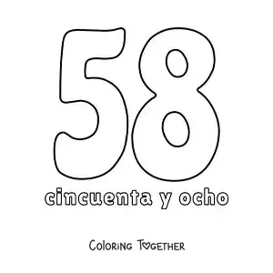 Coloring page of a number 58 flashcard to learn natural numbers