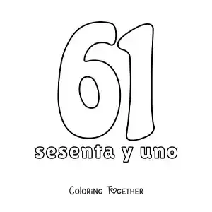 Coloring page of a number 61 flashcard to learn natural numbers