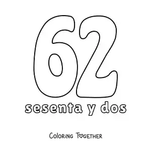 Coloring page of a number 62 flashcard to learn natural numbers