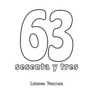 Coloring page of a number 63 flashcard to learn natural numbers