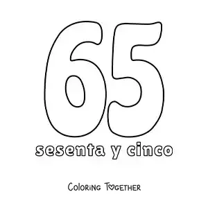 Coloring page of a number 65 flashcard to learn natural numbers
