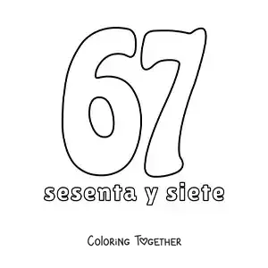 Coloring page of a number 67 flashcard to learn natural numbers