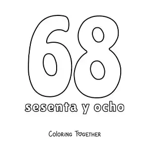 Coloring page of a number 68 flashcard to learn natural numbers