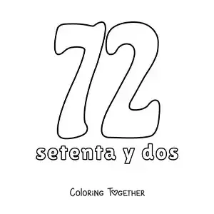 Coloring page of a number 72 flashcard to learn natural numbers