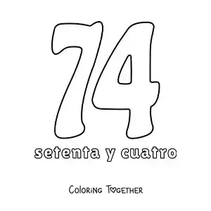 Coloring page of a number 74 flashcard to learn natural numbers