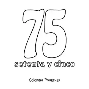 Coloring page of a number 75 flashcard to learn natural numbers