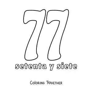 Coloring page of a number 77 flashcard to learn natural numbers