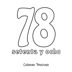 Coloring page of a number 78 flashcard to learn natural numbers