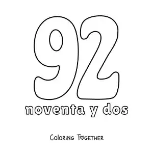 Coloring page of a number 92 flashcard to learn natural numbers