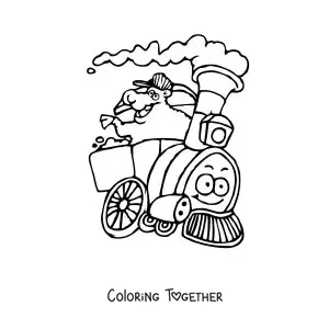 Coloring page of a cartoon sheep on a train