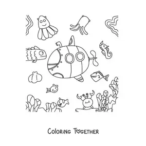 Coloring page of a submarine surrounded by cartoon fish