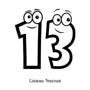 Coloring page of the animated number 13 for kids