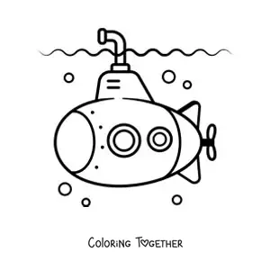 Coloring page of a cartoon submarine underwater