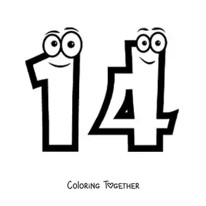 Coloring page of the animated number 14 for kids