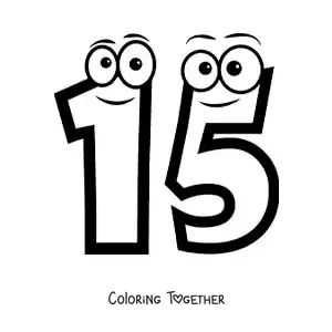 Coloring page of the animated number 15 for kids