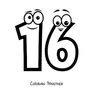 Coloring page of the animated number 16 for kids