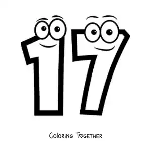 Coloring page of the animated number 17 for kids