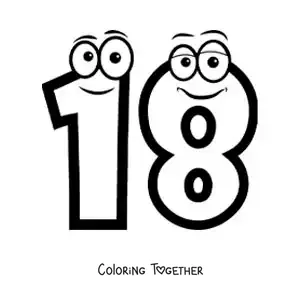 Coloring page of the animated number 18 for kids