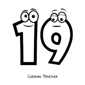 Coloring page of the animated number 19 for kids
