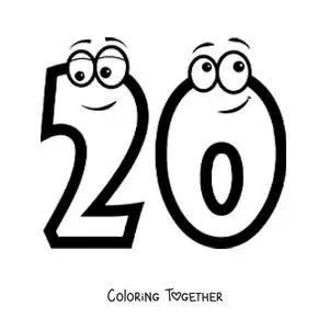 Coloring page of the animated number 20 for kids