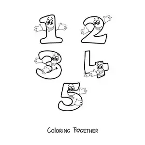 Coloring page of the animated numbers 1 to 5 for kids