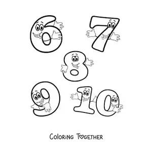 Coloring page of the animated numbers 6 to 10 for kids