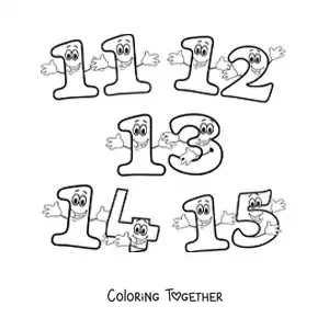 Coloring page of the animated numbers 11 to 15 for kids